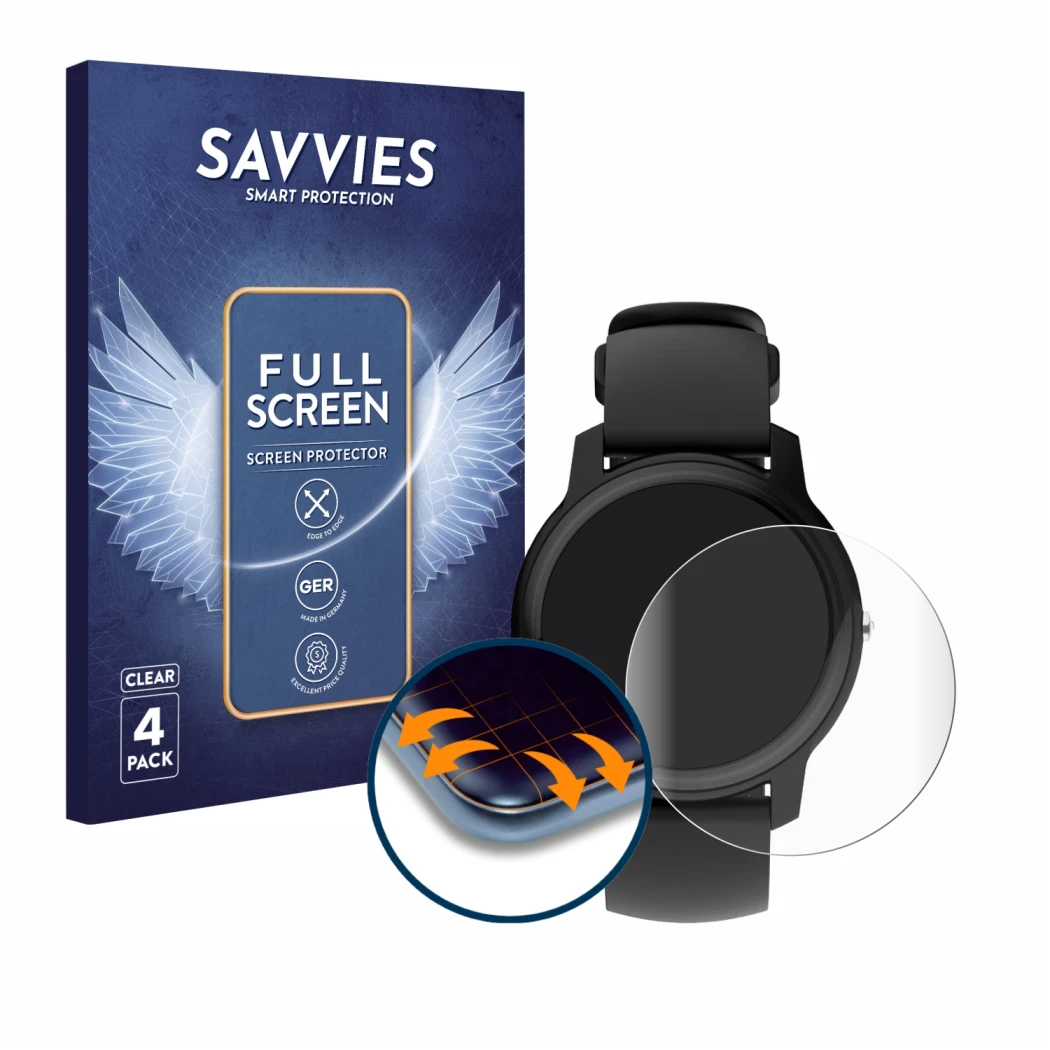 Parte frontale di una confezione del prodotto con il logo del marchio Savvies. Accanto è raffigurato il dispositivo Withings M