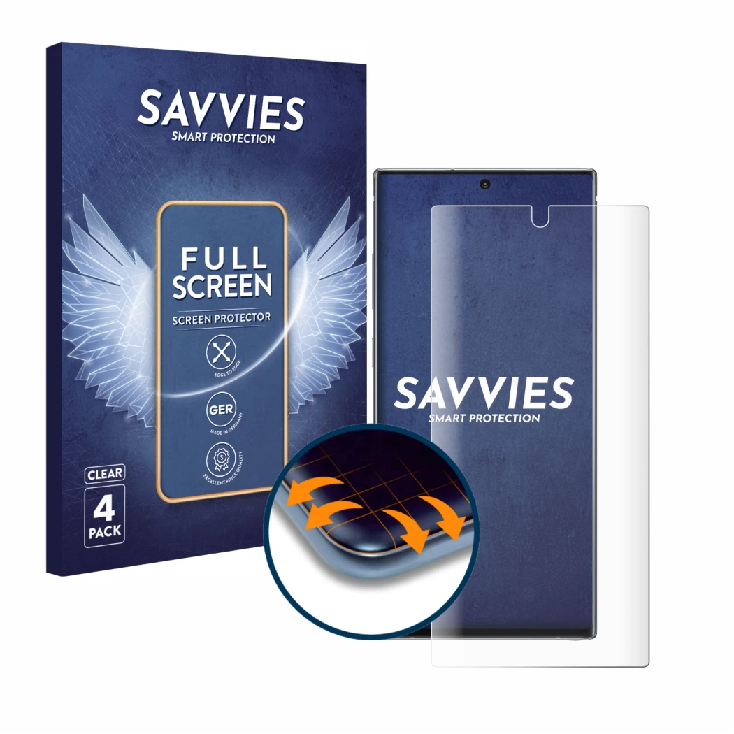 Parte frontale di una confezione del prodotto con il logo del marchio Savvies. Accanto è raffigurato il dispositivo Samsung Ga
