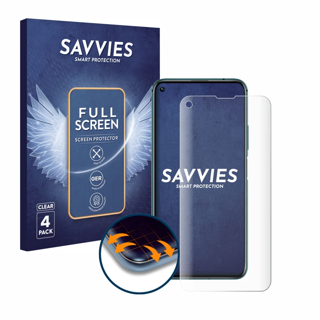 Parte frontale di una confezione del prodotto con il logo del marchio Savvies. Accanto è raffigurato il dispositivo Honor 20 P