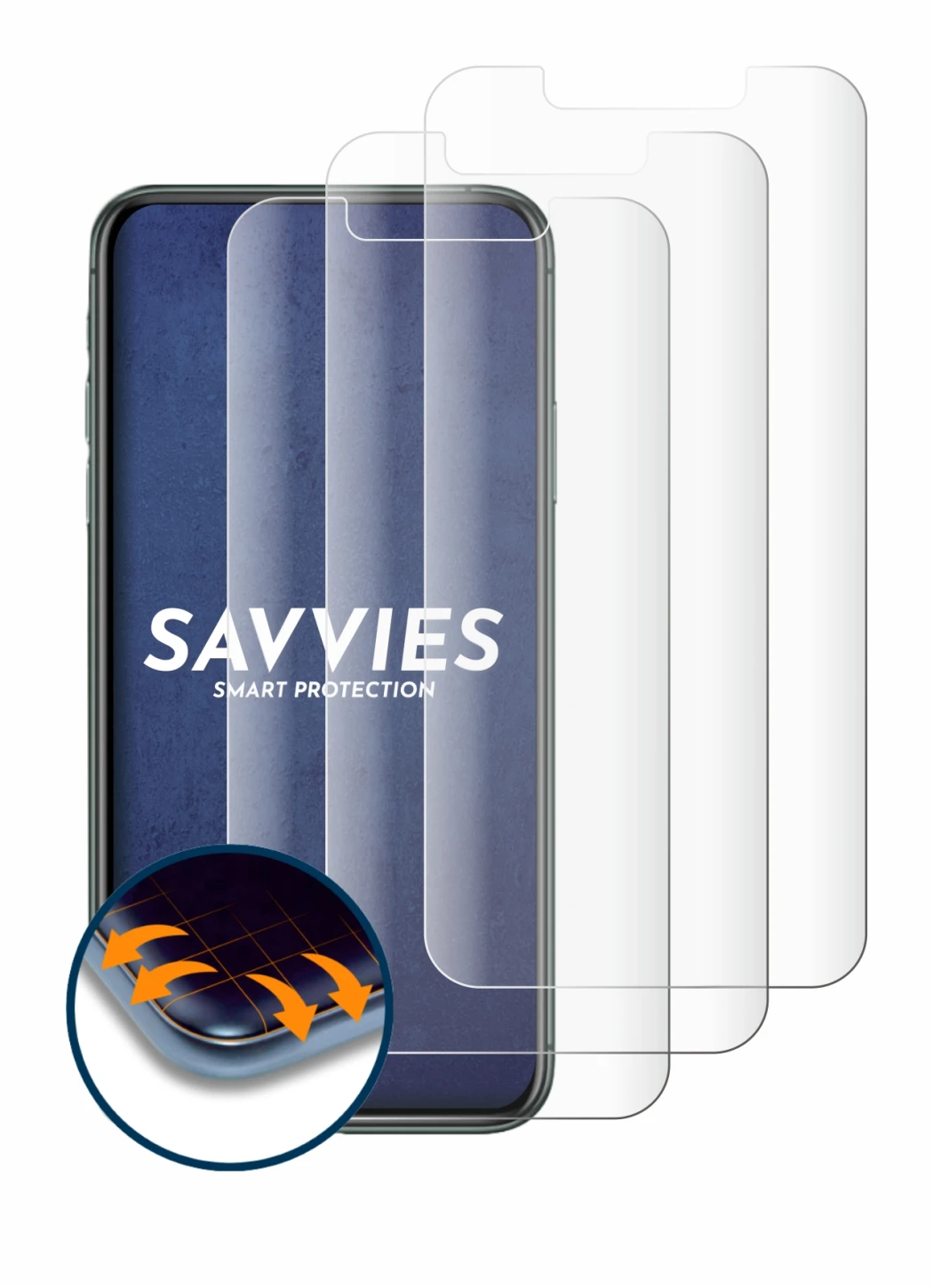 Immagine del dispositivo Apple iPhone 11 Pro Max con un'ampia varietà di protezioni per lo schermo.