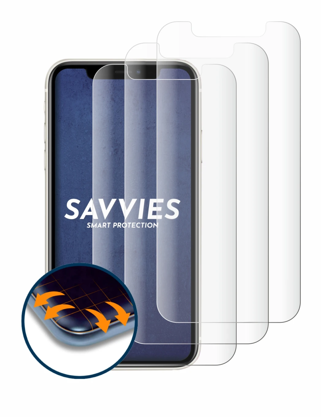 Immagine del dispositivo Apple iPhone 11 con un'ampia varietà di protezioni per lo schermo.