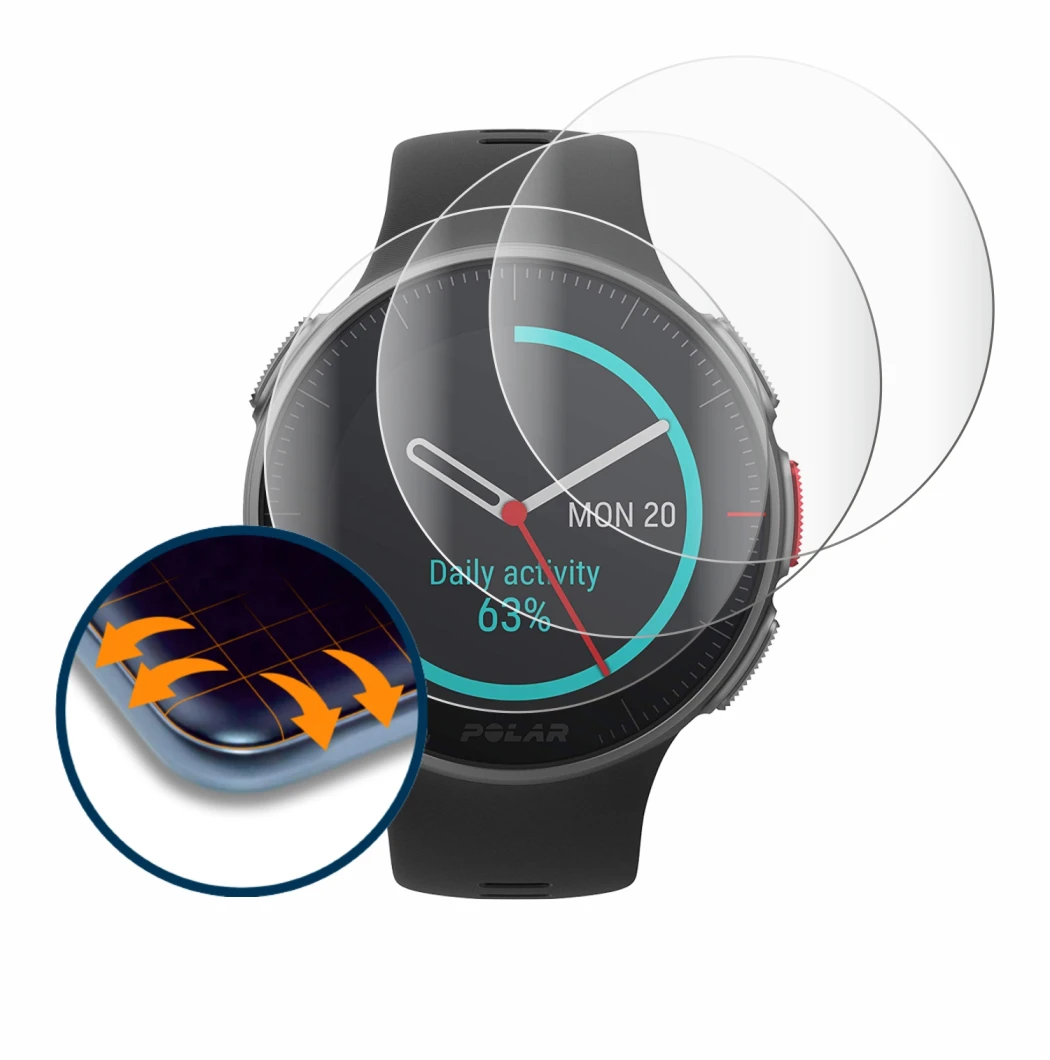 Immagine del dispositivo Polar Vantage V Titan con un'ampia varietà di protezioni per lo schermo.