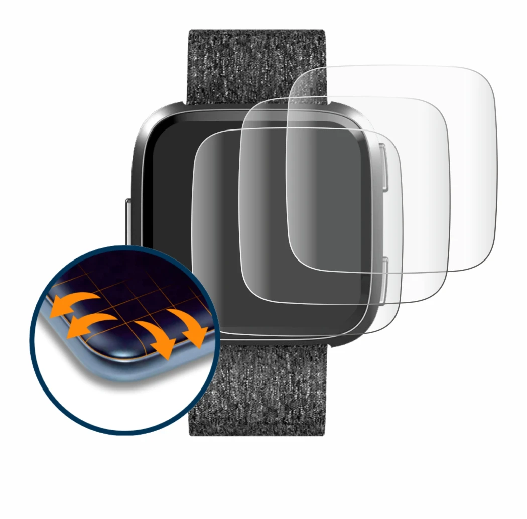 Immagine del dispositivo Fitbit Versa Special Edition con un'ampia varietà di protezioni per lo schermo.