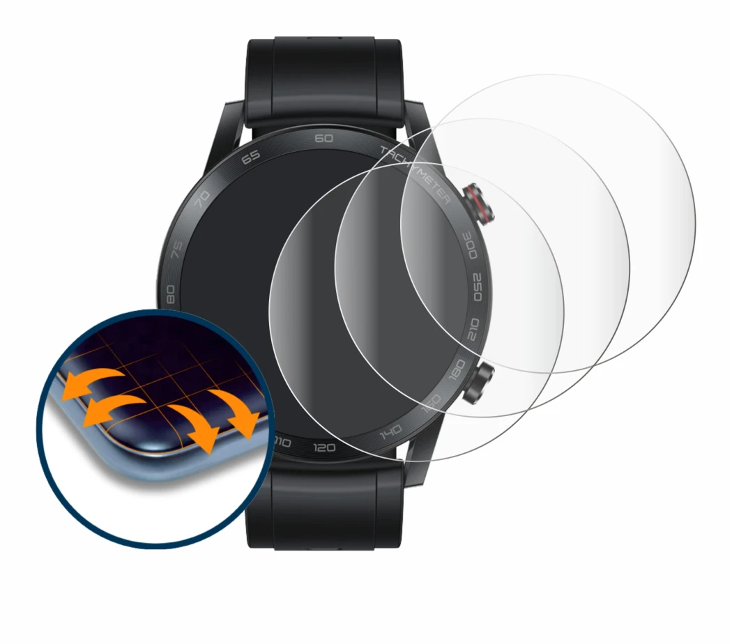 Immagine del dispositivo Honor Watch Magic 2 (46 mm) con un'ampia varietà di protezioni per lo schermo.
