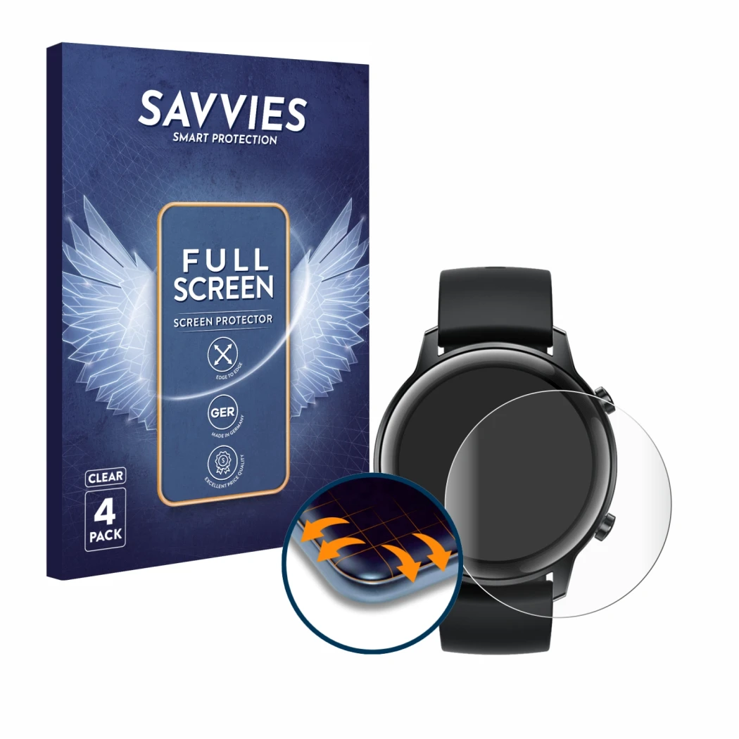 Parte frontale di una confezione del prodotto con il logo del marchio Savvies. Accanto è raffigurato il dispositivo Honor Watc