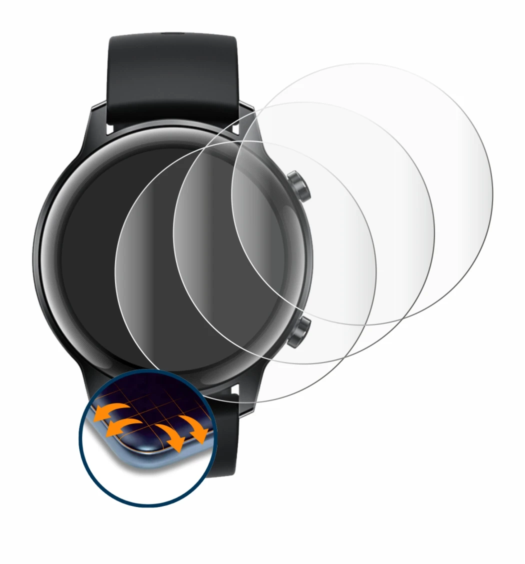Immagine del dispositivo Honor Watch Magic 2 (42 mm) con un'ampia varietà di protezioni per lo schermo.