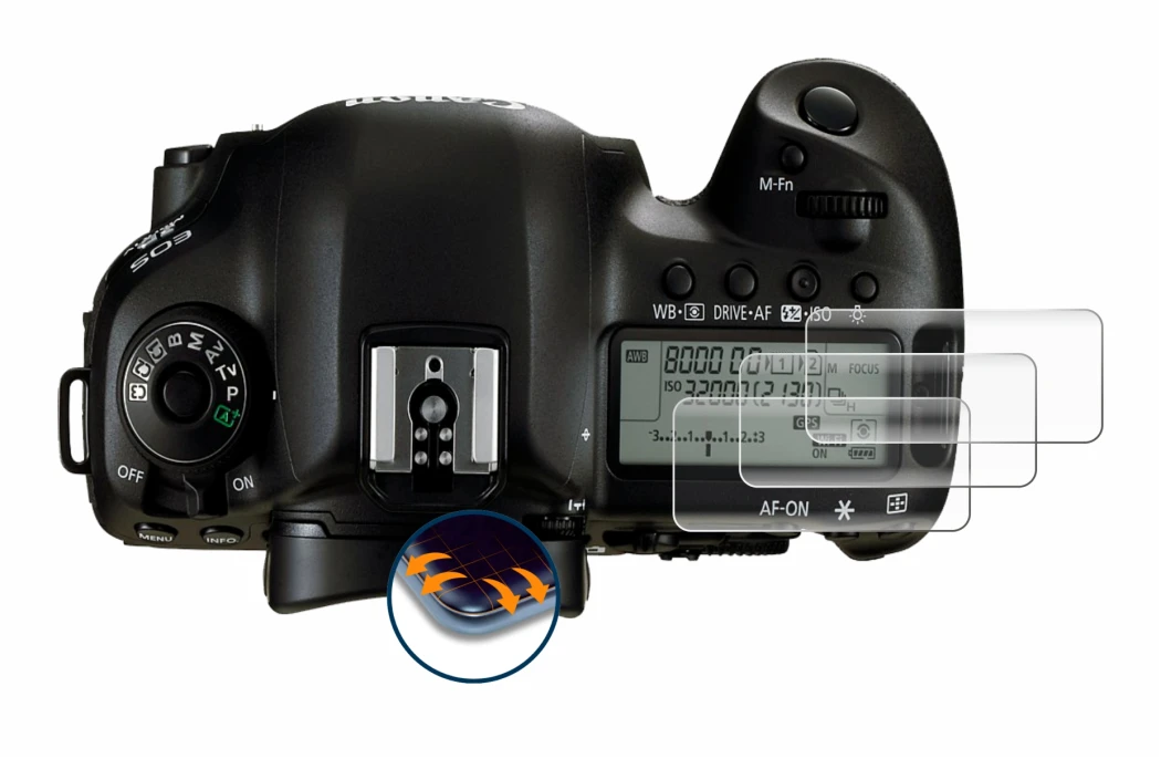 Immagine del dispositivo Canon EOS 5D Mark IV (display a spalla) con un'ampia varietà di protezioni per lo schermo.