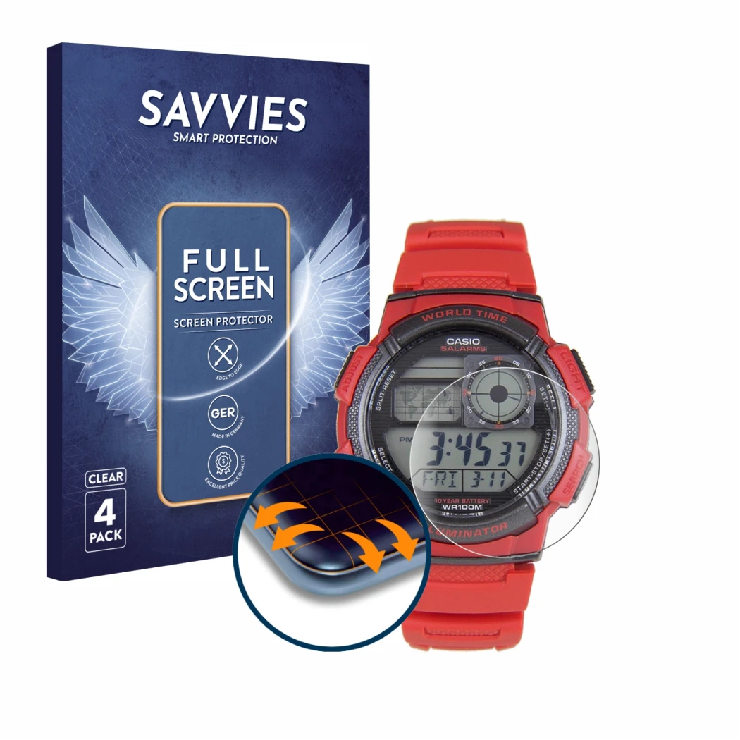 Parte frontale di una confezione del prodotto con il logo del marchio Savvies. Accanto è raffigurato il dispositivo Casio AE-1