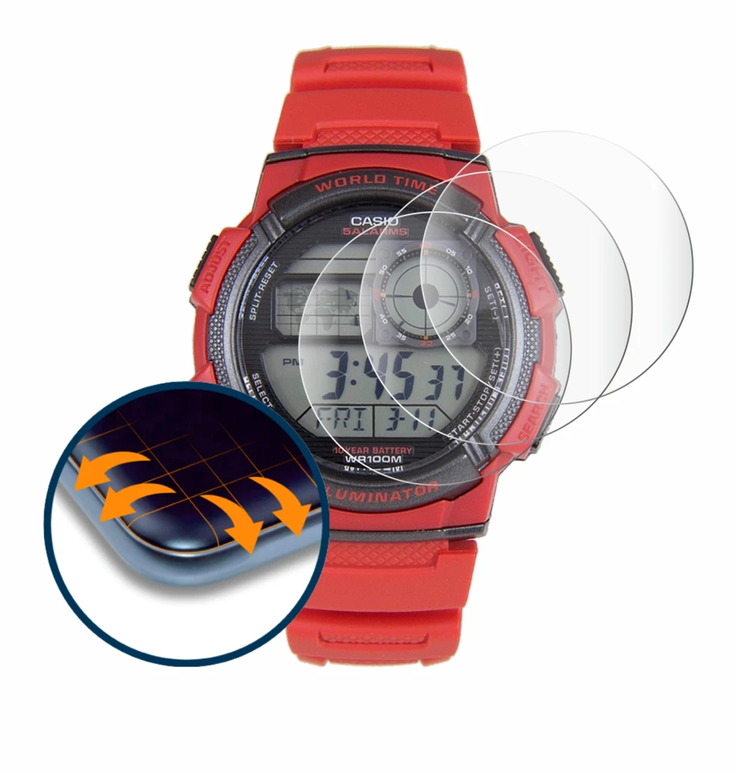 Immagine del dispositivo Casio AE-1000W con un'ampia varietà di protezioni per lo schermo.