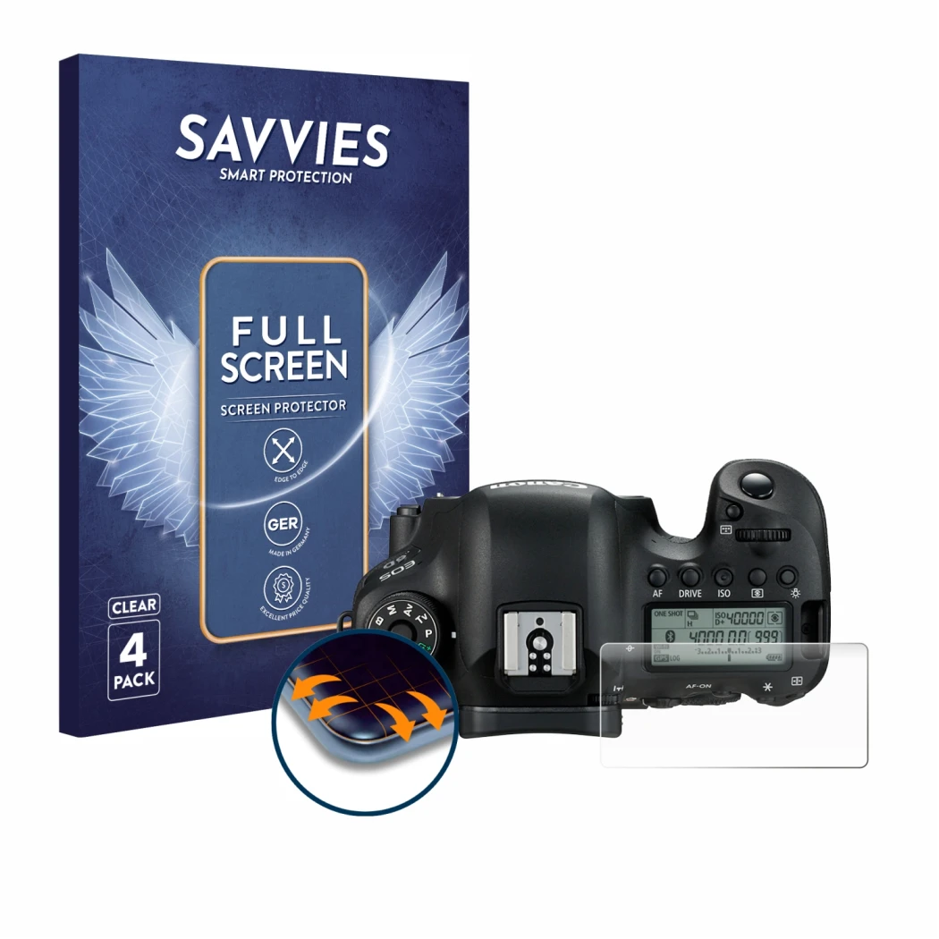 Parte frontale di una confezione del prodotto con il logo del marchio Savvies. Accanto è raffigurato il dispositivo Canon EOS 