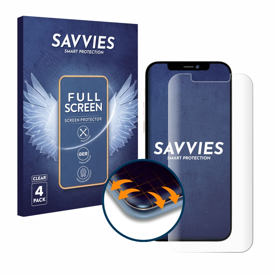 Parte frontale di una confezione del prodotto con il logo del marchio Savvies. Accanto è raffigurato il dispositivo Apple iPho