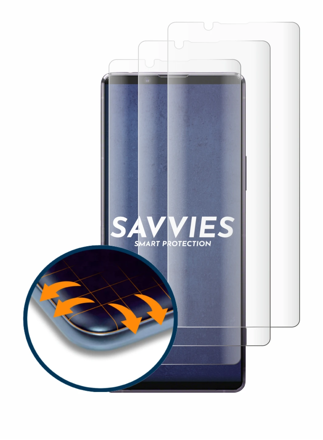 Immagine del dispositivo Sony Xperia 1 II con un'ampia varietà di protezioni per lo schermo.