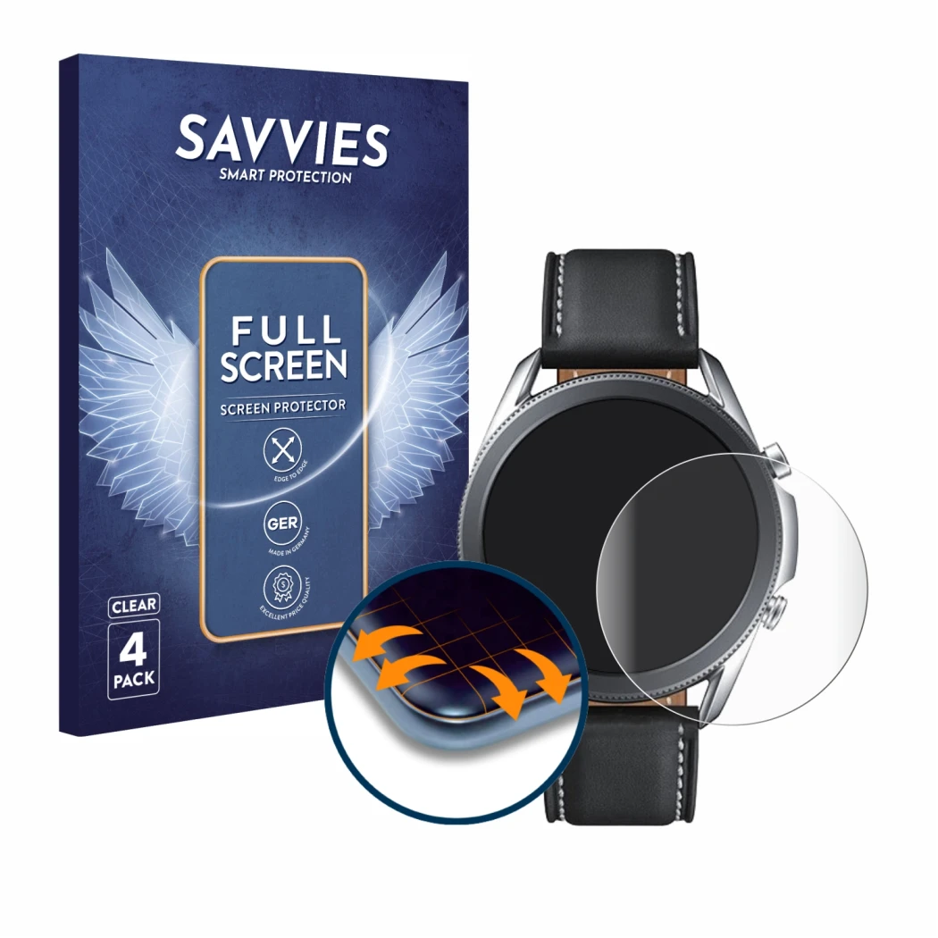 Parte frontale di una confezione del prodotto con il logo del marchio Savvies. Accanto è raffigurato il dispositivo Samsung Ga