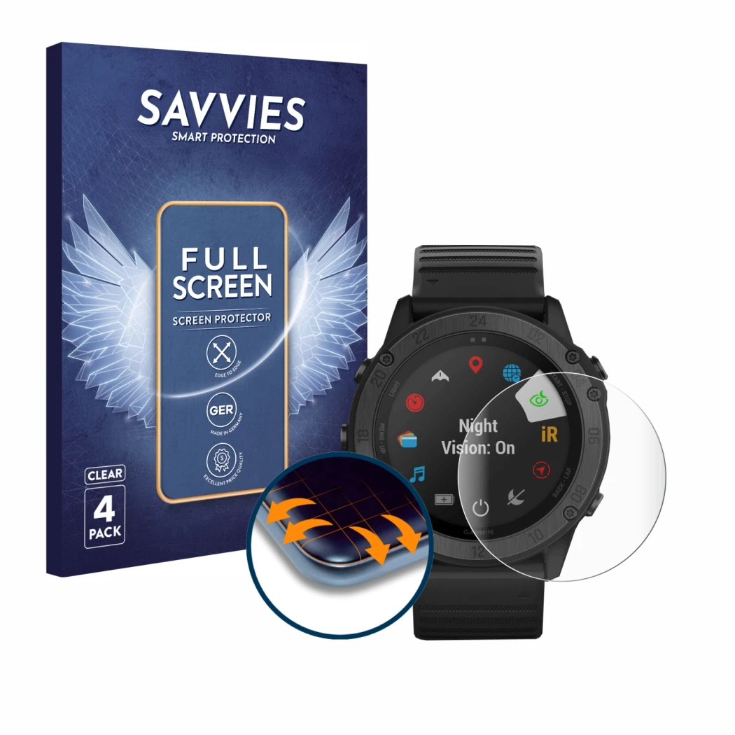 Parte frontale di una confezione del prodotto con il logo del marchio Savvies. Accanto è raffigurato il dispositivo Garmin Tac
