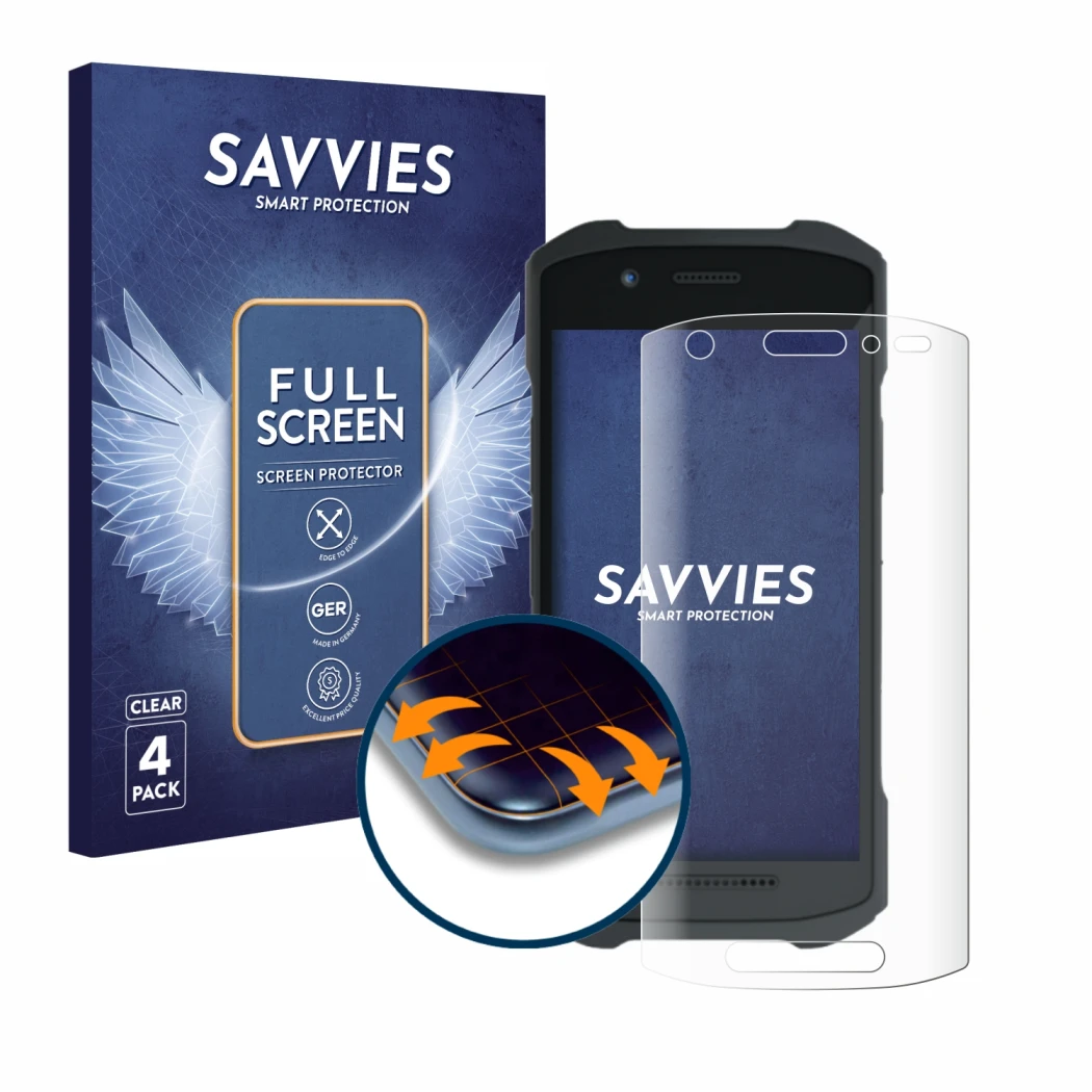 Parte frontale di una confezione del prodotto con il logo del marchio Savvies. Accanto è raffigurato il dispositivo Zebra TC21