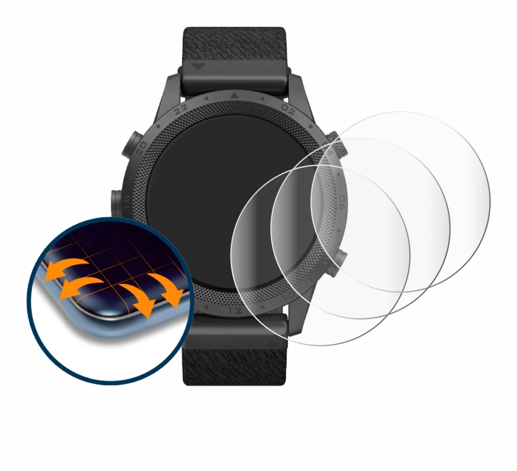 Immagine del dispositivo Garmin Marq Expedition con un'ampia varietà di protezioni per lo schermo.