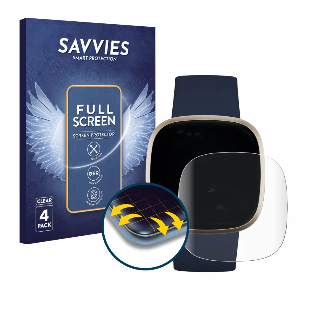 Parte frontale di una confezione del prodotto con il logo del marchio Savvies. Accanto è raffigurato il dispositivo Fitbit Ver