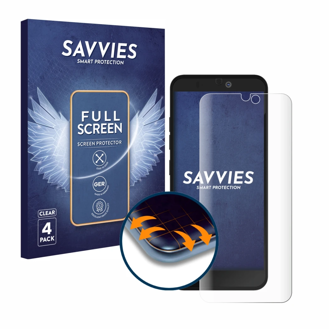 Parte frontale di una confezione del prodotto con il logo del marchio Savvies. Accanto è raffigurato il dispositivo Fairphone 