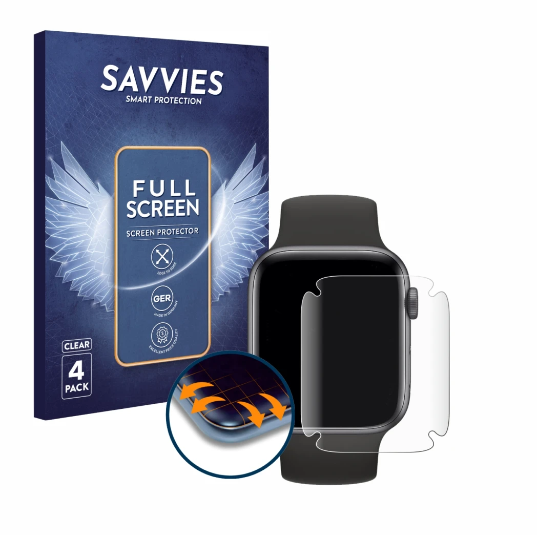 Parte frontale di una confezione del prodotto con il logo del marchio Savvies. Accanto è raffigurato il dispositivo Apple Watc