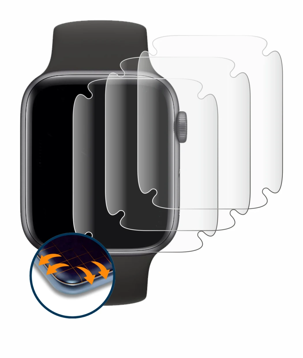 Immagine del dispositivo Apple Watch SE (44 mm) con un'ampia varietà di protezioni per lo schermo.