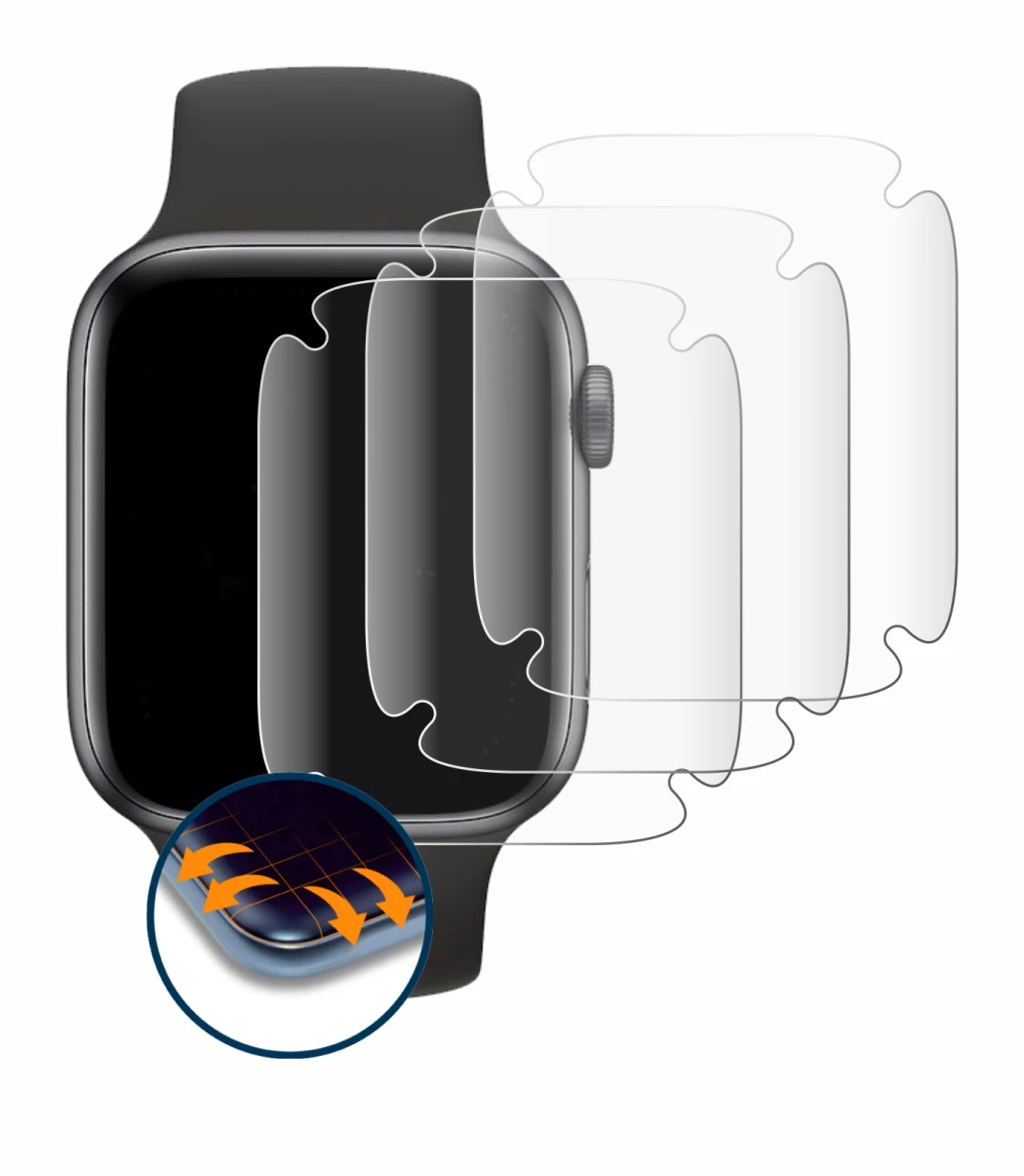Immagine del dispositivo Apple Watch SE (40 mm) con un'ampia varietà di protezioni per lo schermo.