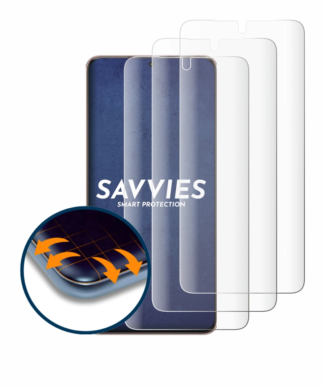 Immagine del dispositivo Samsung Galaxy S21 Ultra 5G con un'ampia varietà di protezioni per lo schermo.