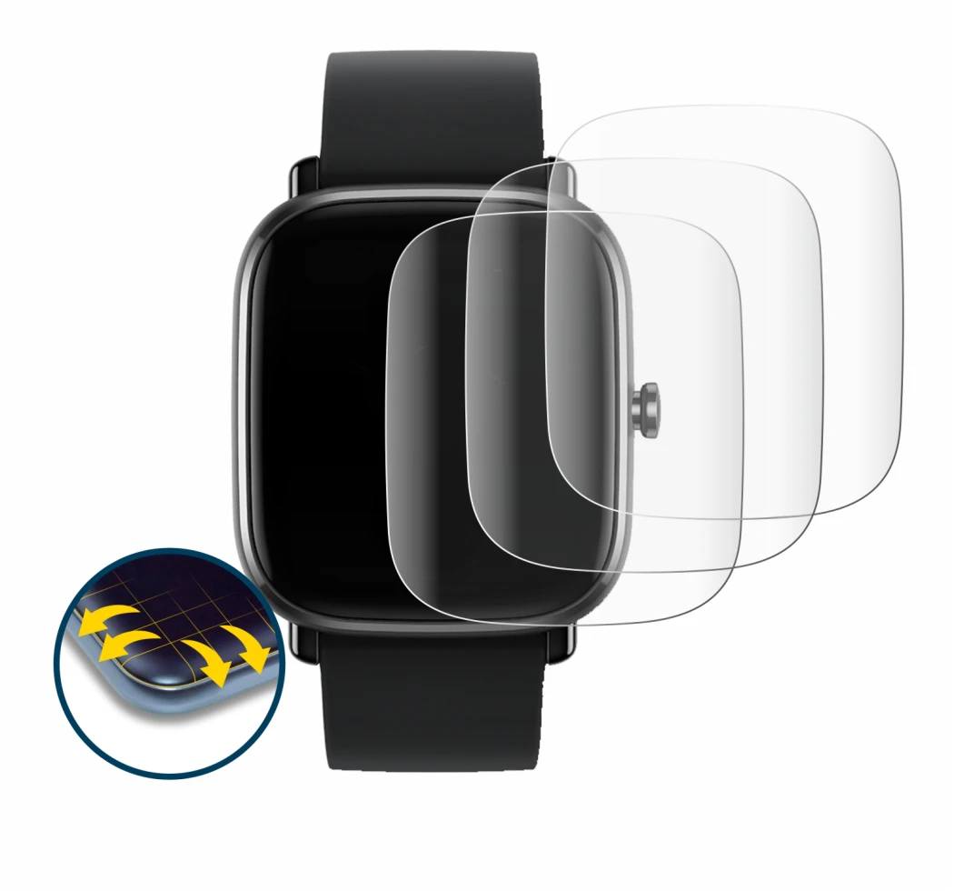 Immagine del dispositivo Huami Amazfit GTS 2 mini con un'ampia varietà di protezioni per lo schermo.