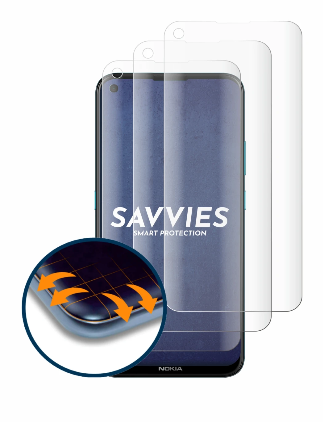 Immagine del dispositivo Nokia 5.4 con un'ampia varietà di protezioni per lo schermo.