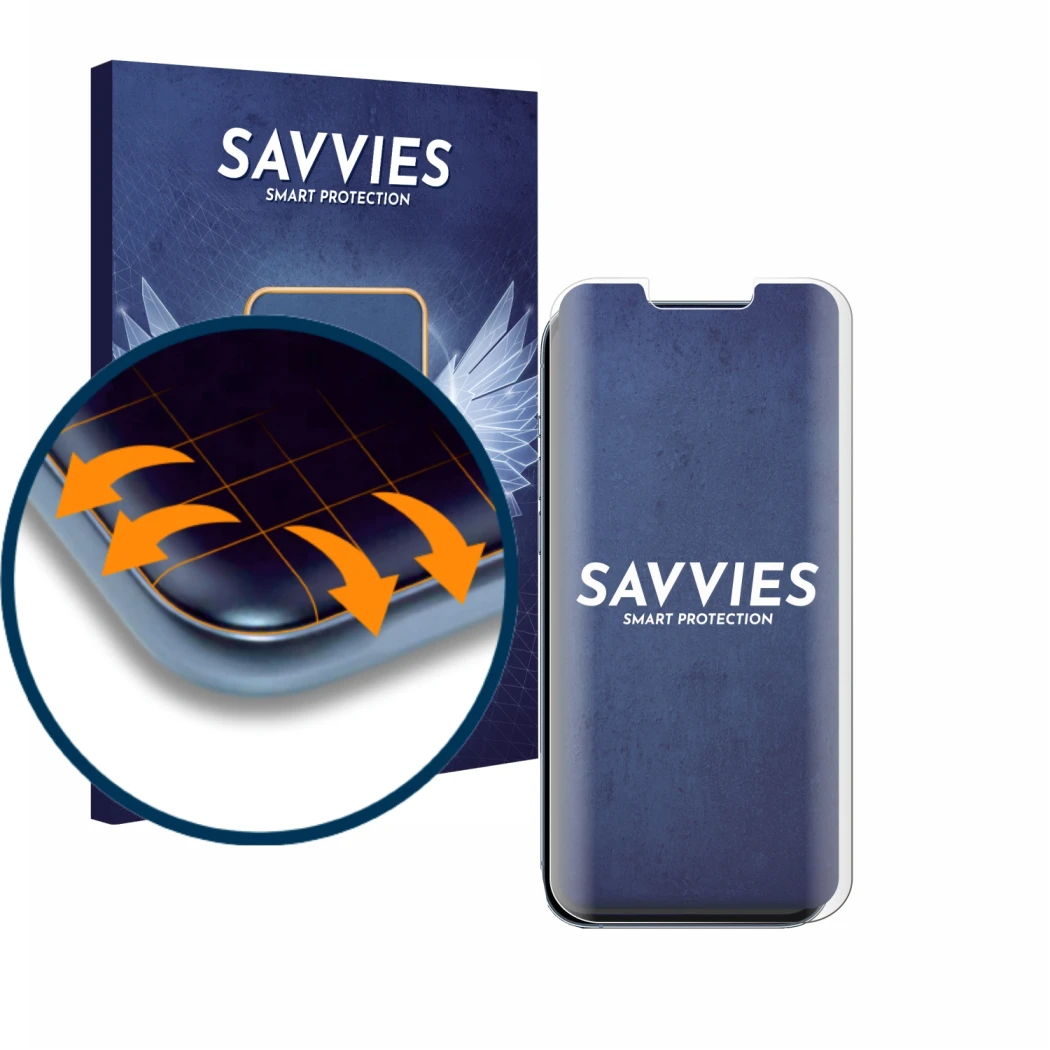 Parte frontale di una confezione del prodotto con il logo del marchio Savvies. Accanto è raffigurato il dispositivo Apple iPho