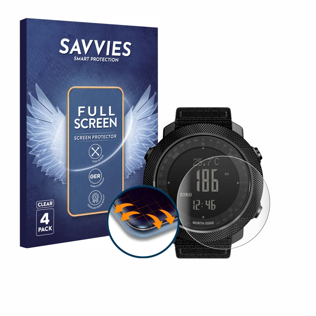 Parte frontale di una confezione del prodotto con il logo del marchio Savvies. Accanto è raffigurato il dispositivo North Edge