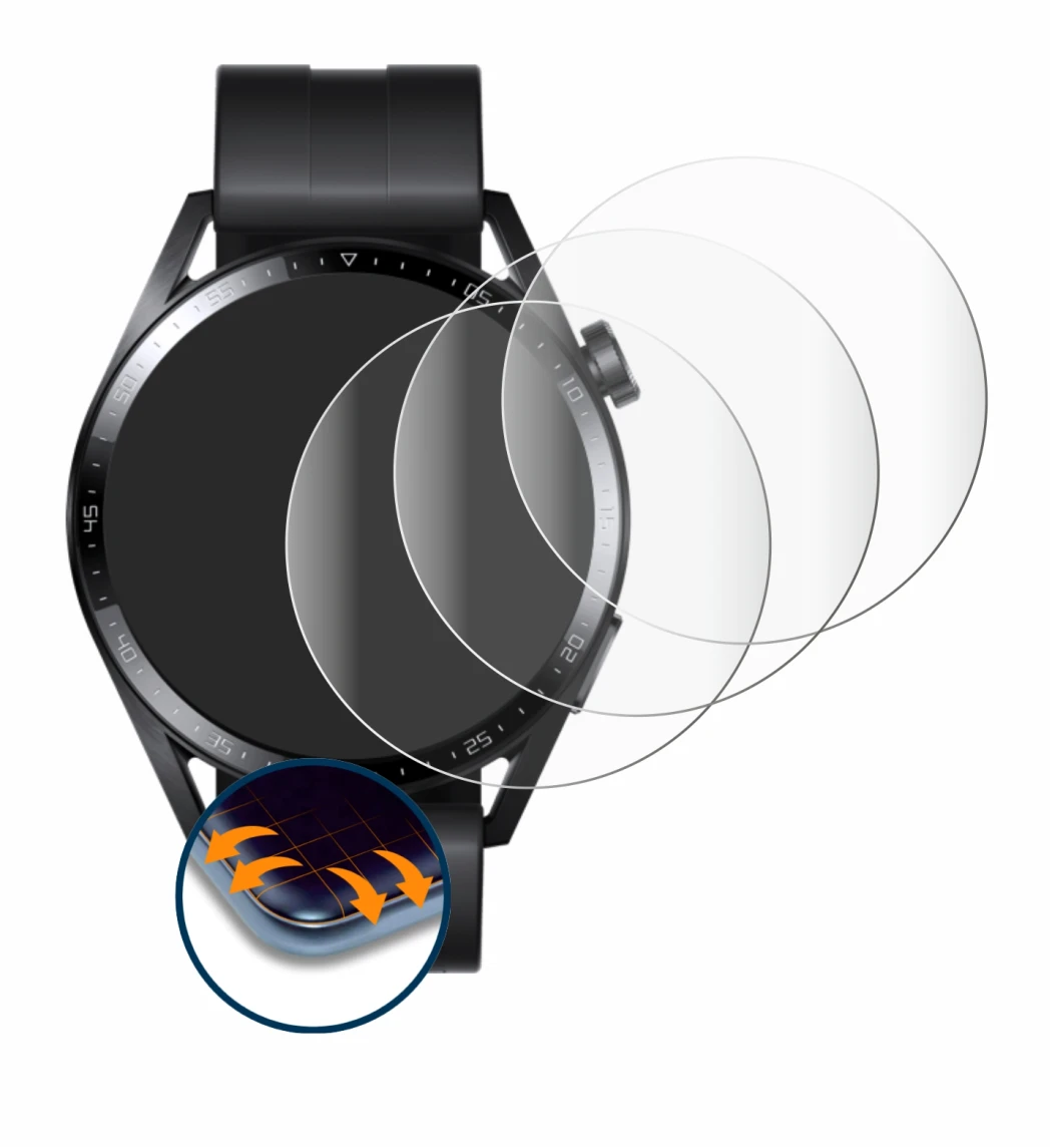 Immagine del dispositivo Huawei Watch GT 3 (46 mm) con un'ampia varietà di protezioni per lo schermo.