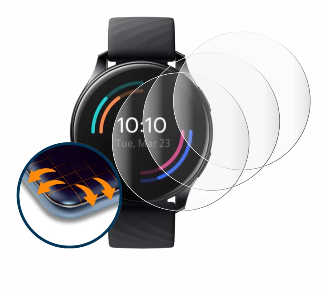 Immagine del dispositivo OnePlus Watch con un'ampia varietà di protezioni per lo schermo.