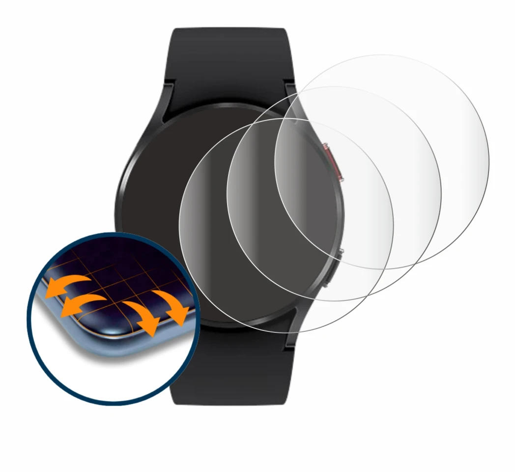 Immagine del dispositivo Samsung Galaxy Watch 4 (40mm) con un'ampia varietà di protezioni per lo schermo.