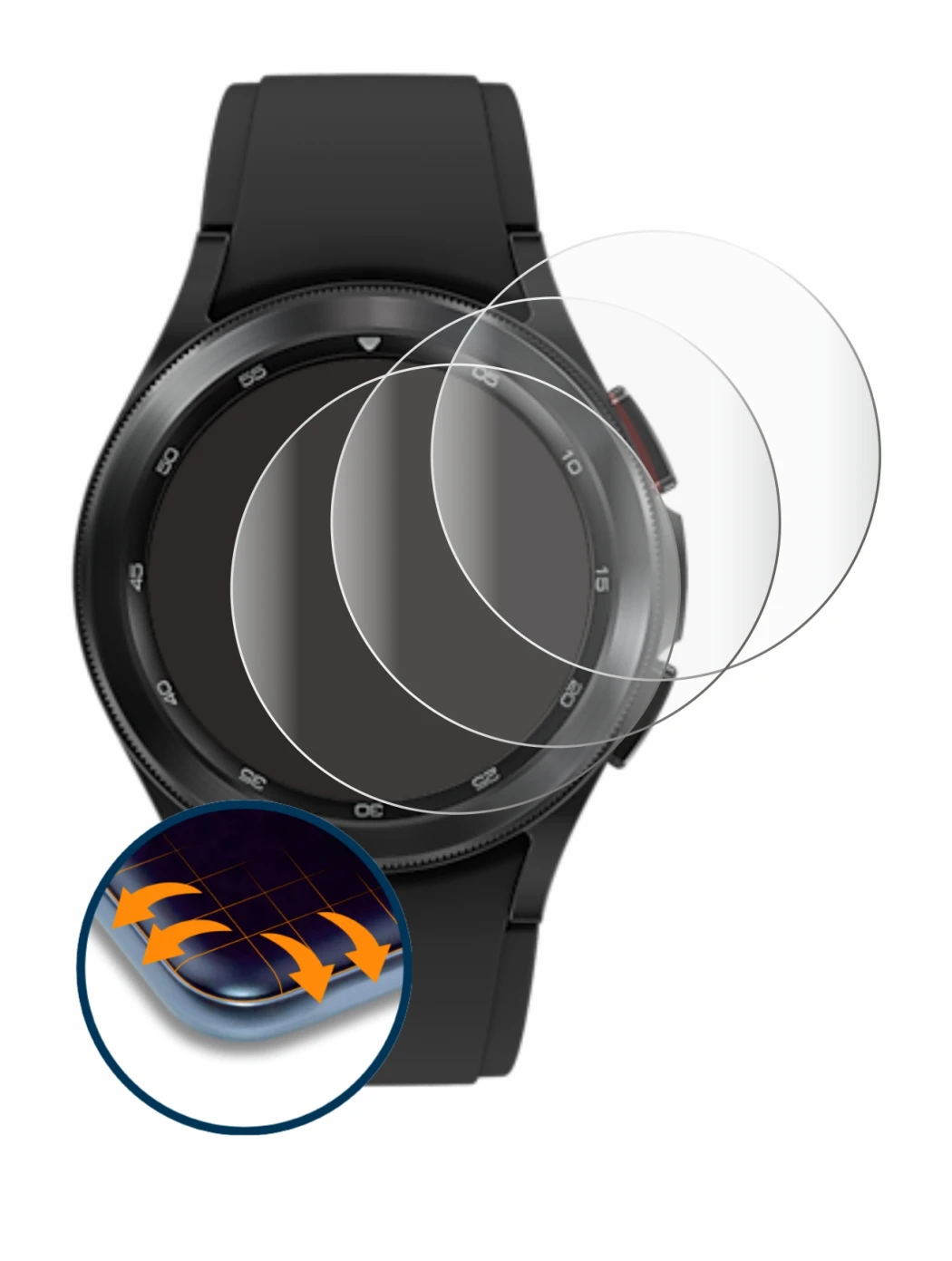 Immagine del dispositivo Samsung Galaxy Watch 4 Classic (42mm) con un'ampia varietà di protezioni per lo schermo.