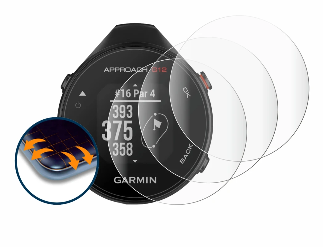 Immagine del dispositivo Garmin Approach G12 con un'ampia varietà di protezioni per lo schermo.