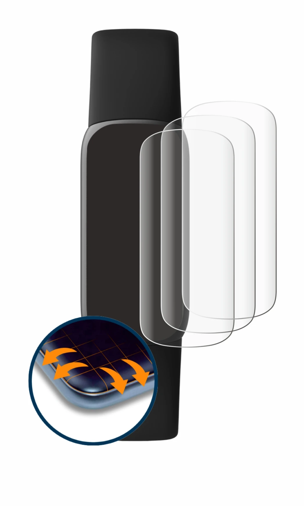 Immagine del dispositivo Fitbit Luxe con un'ampia varietà di protezioni per lo schermo.