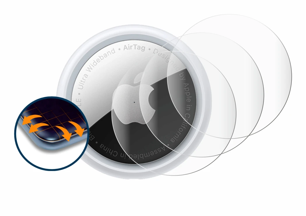 Immagine del dispositivo Apple AirTag con un'ampia varietà di protezioni per lo schermo.