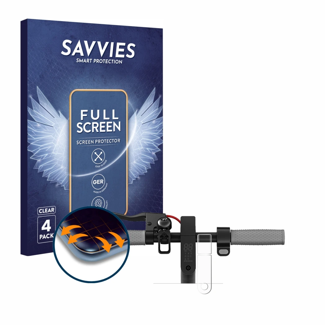 Parte frontale di una confezione del prodotto con il logo del marchio Savvies. Accanto è raffigurato il dispositivo Xiaomi Mi 