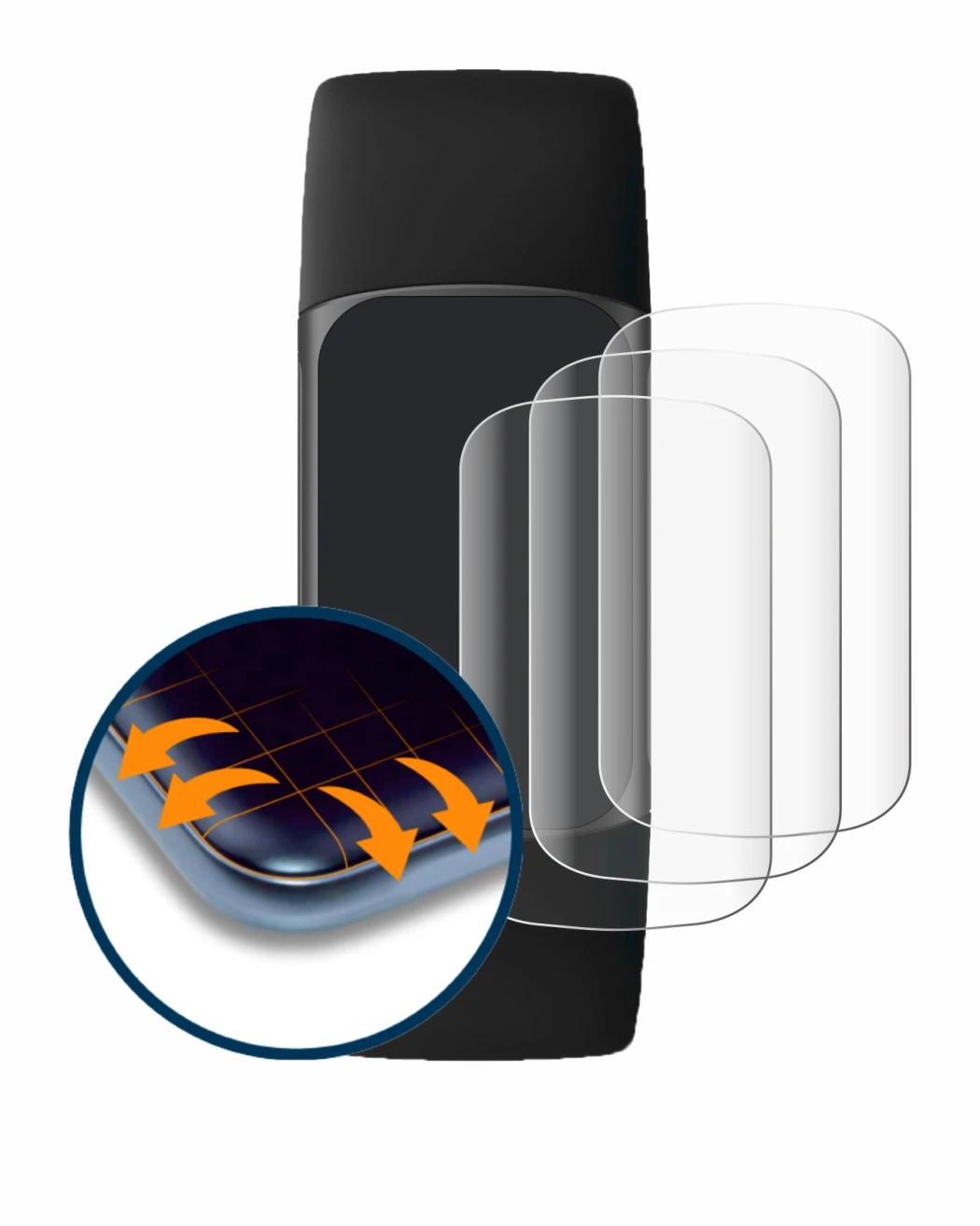 Immagine del dispositivo Fitbit Charge 5 con un'ampia varietà di protezioni per lo schermo.