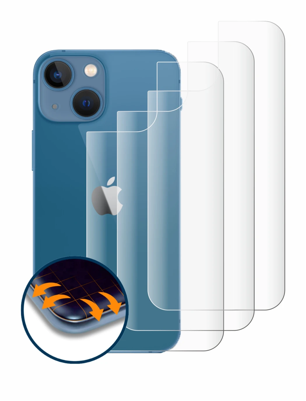 Immagine del dispositivo Apple iPhone 13 mini (Posteriore) con un'ampia varietà di protezioni per lo schermo.