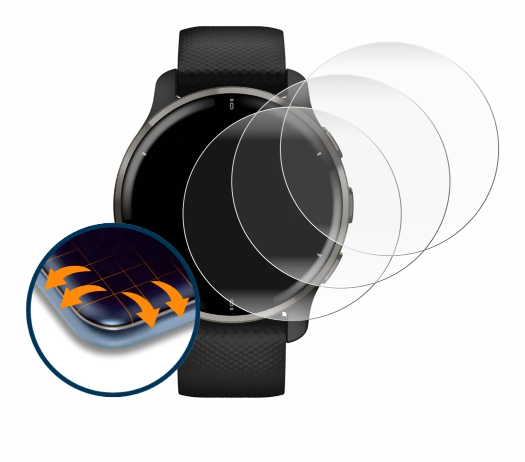 Immagine del dispositivo Garmin Venu 2 Plus con un'ampia varietà di protezioni per lo schermo.