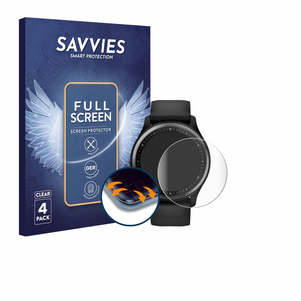 Parte frontale di una confezione del prodotto con il logo del marchio Savvies. Accanto è raffigurato il dispositivo Garmin Viv