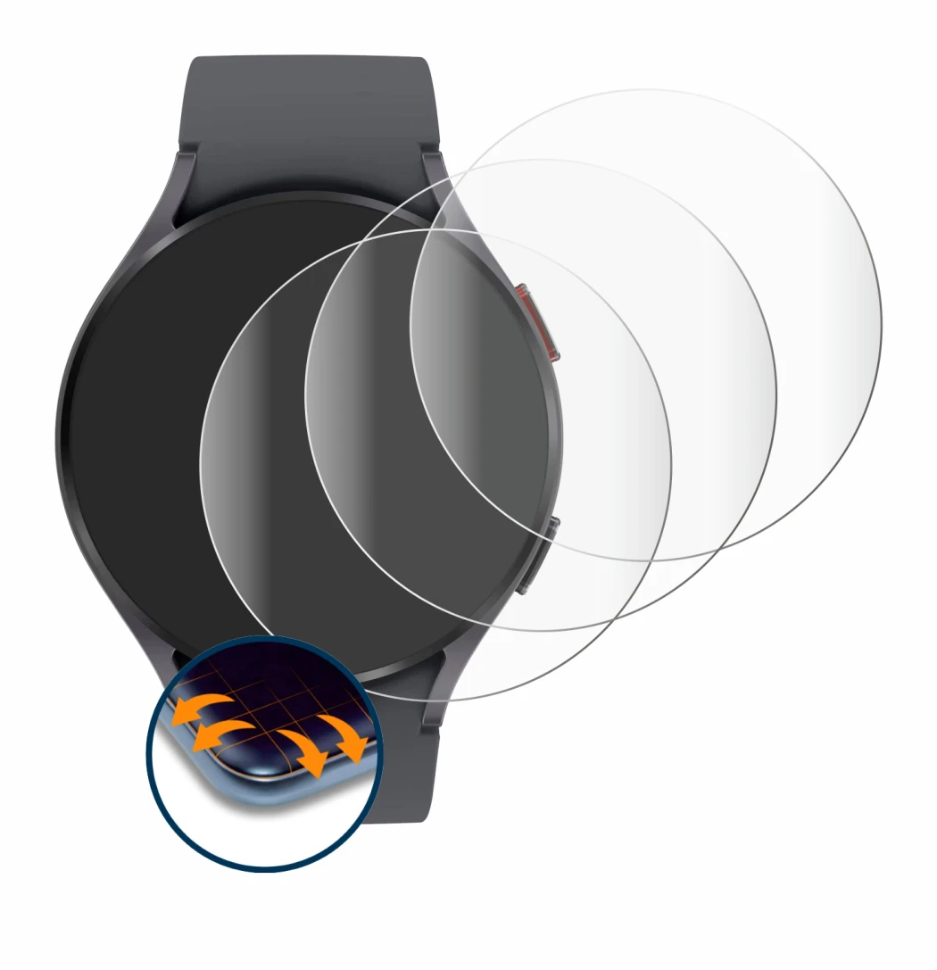 Immagine del dispositivo Samsung Galaxy Watch 5 (44mm) con un'ampia varietà di protezioni per lo schermo.