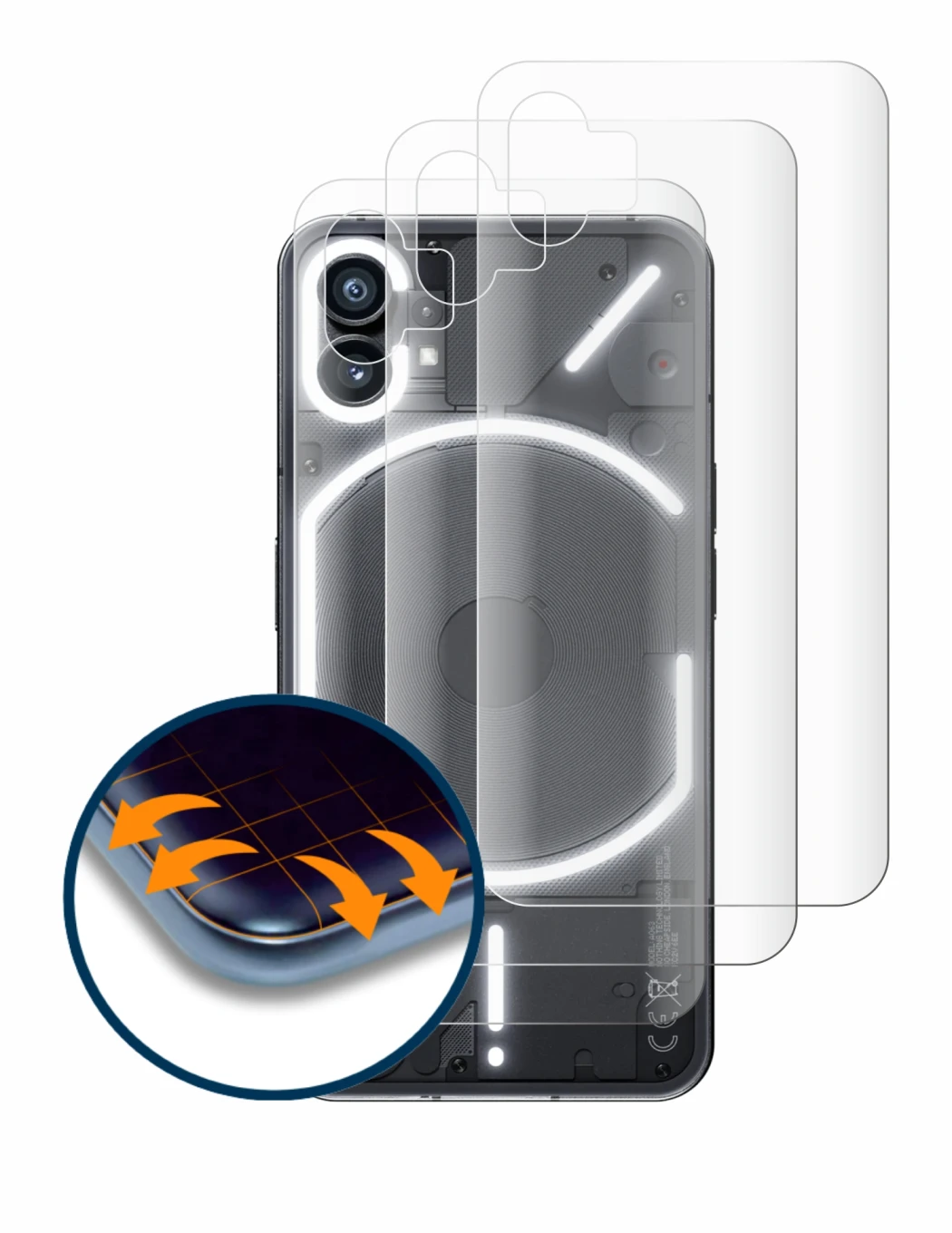 Immagine del dispositivo Nothing Phone (1) (Posteriore) con un'ampia varietà di protezioni per lo schermo.