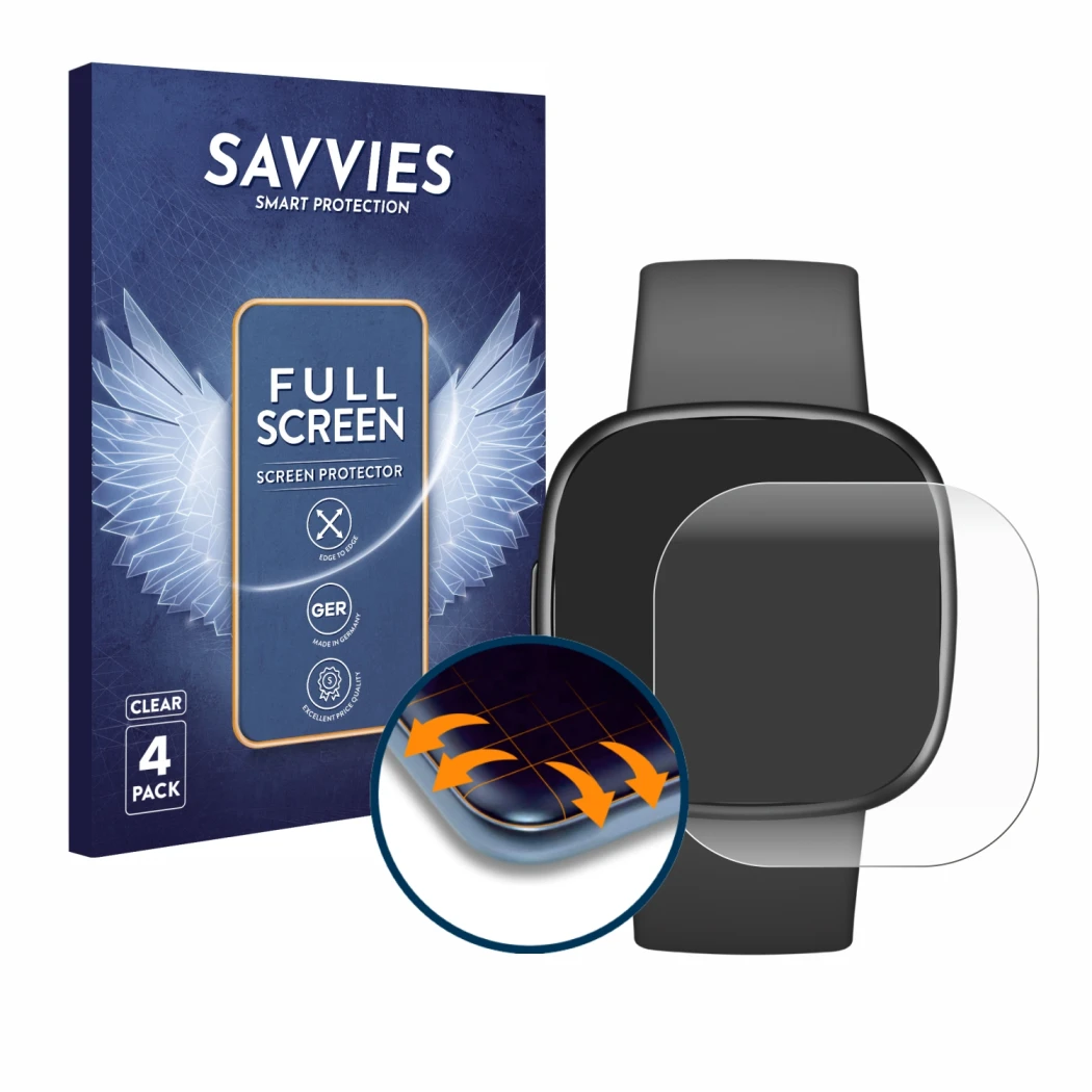 Parte frontale di una confezione del prodotto con il logo del marchio Savvies. Accanto è raffigurato il dispositivo Fitbit Sen