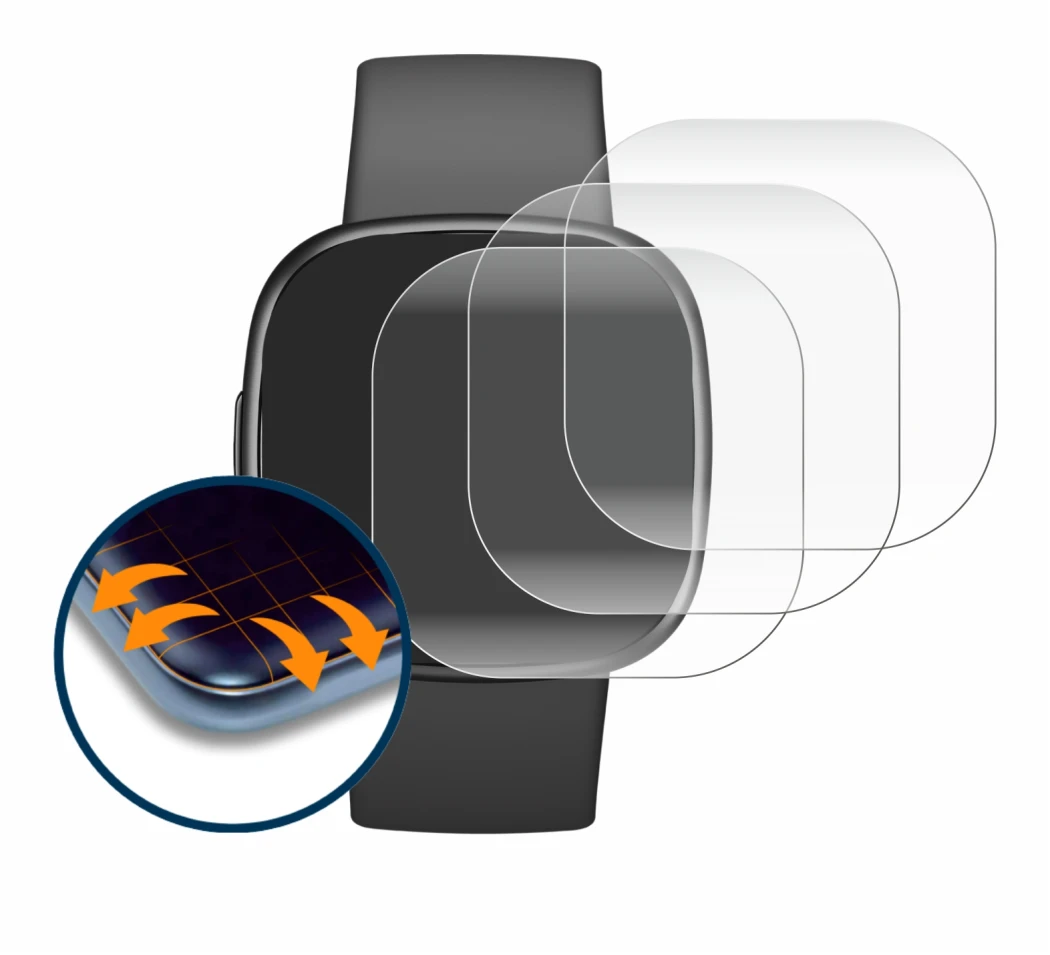Immagine del dispositivo Fitbit Sense 2 con un'ampia varietà di protezioni per lo schermo.