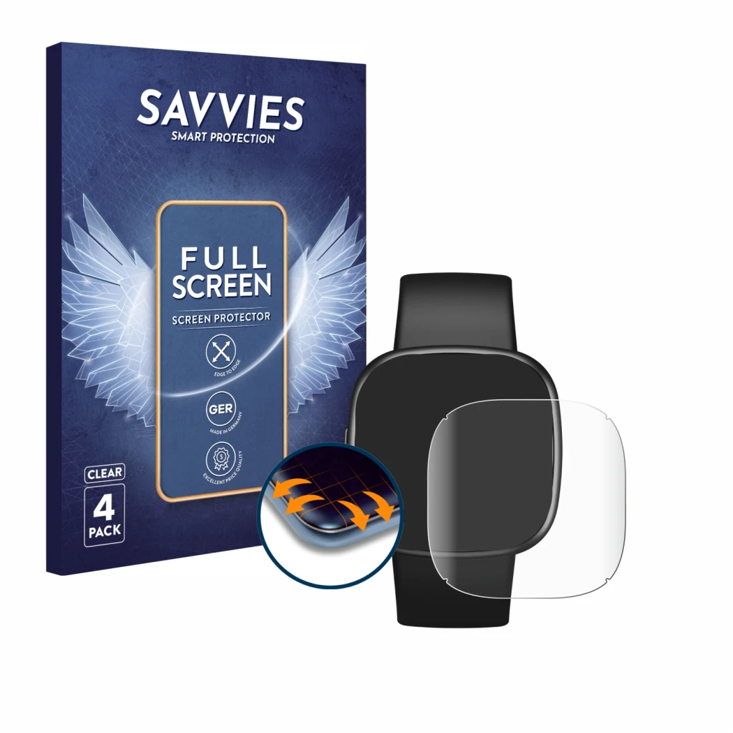 Parte frontale di una confezione del prodotto con il logo del marchio Savvies. Accanto è raffigurato il dispositivo Fitbit Ver