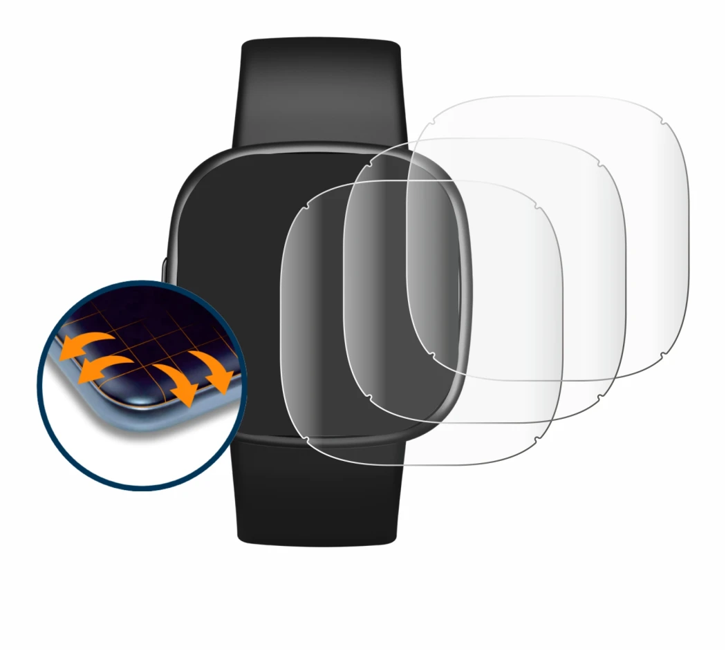 Immagine del dispositivo Fitbit Versa 4 con un'ampia varietà di protezioni per lo schermo.