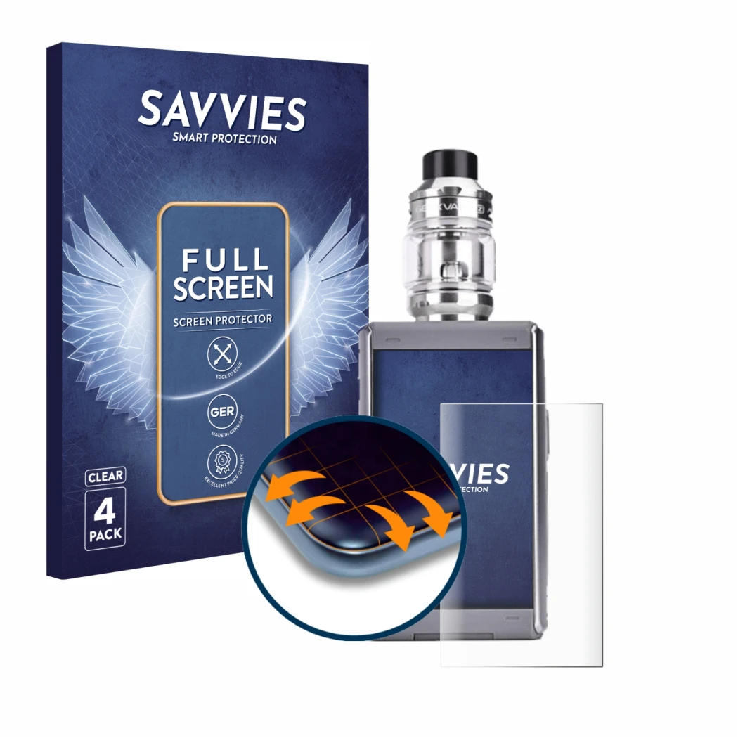 Parte frontale di una confezione del prodotto con il logo del marchio Savvies. Accanto è raffigurato il dispositivo GeekVape T