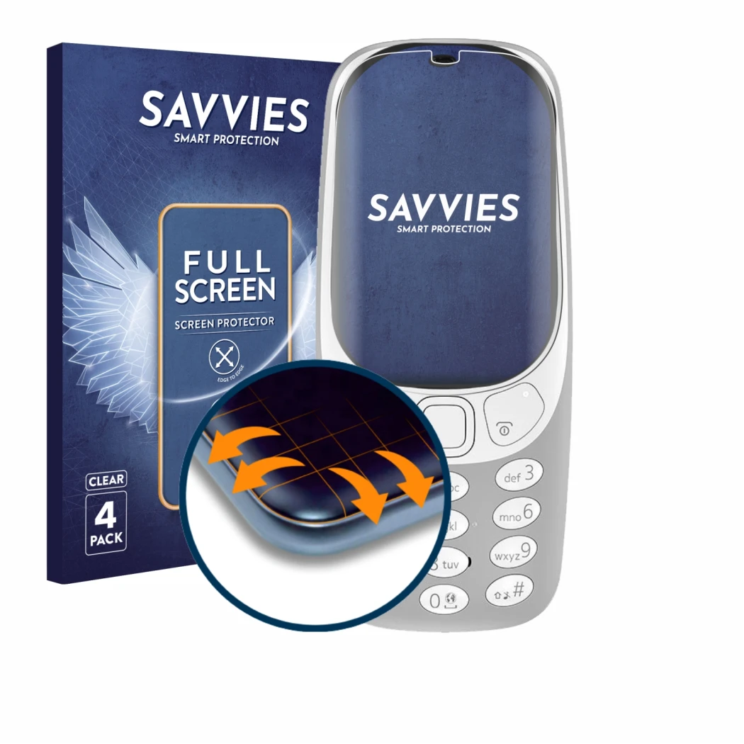 Parte frontale di una confezione del prodotto con il logo del marchio Savvies. Accanto è raffigurato il dispositivo Nokia 3310